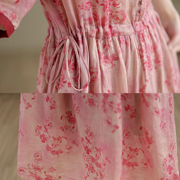 Vestido midi de algodón con media manga y bolsillos, estampado floral retro de Buddha Stones y diseño con cordón ajustable - image 6