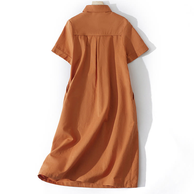 Vestido midi de algodón de manga corta con diseño de botones, color liso, estilo retro de verano, con bolsillos y estampado de Buddha Stones - image 1