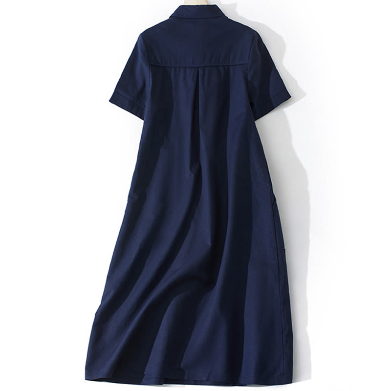 Vestido midi de algodón de manga corta con diseño de botones, color liso, estilo retro de verano, con bolsillos y estampado de Buddha Stones - image 17