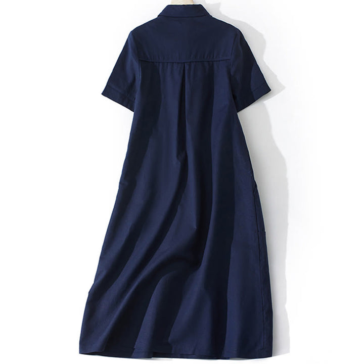 Vestido midi de algodón de manga corta con diseño de botones, color liso, estilo retro de verano, con bolsillos y estampado de Buddha Stones - image 17