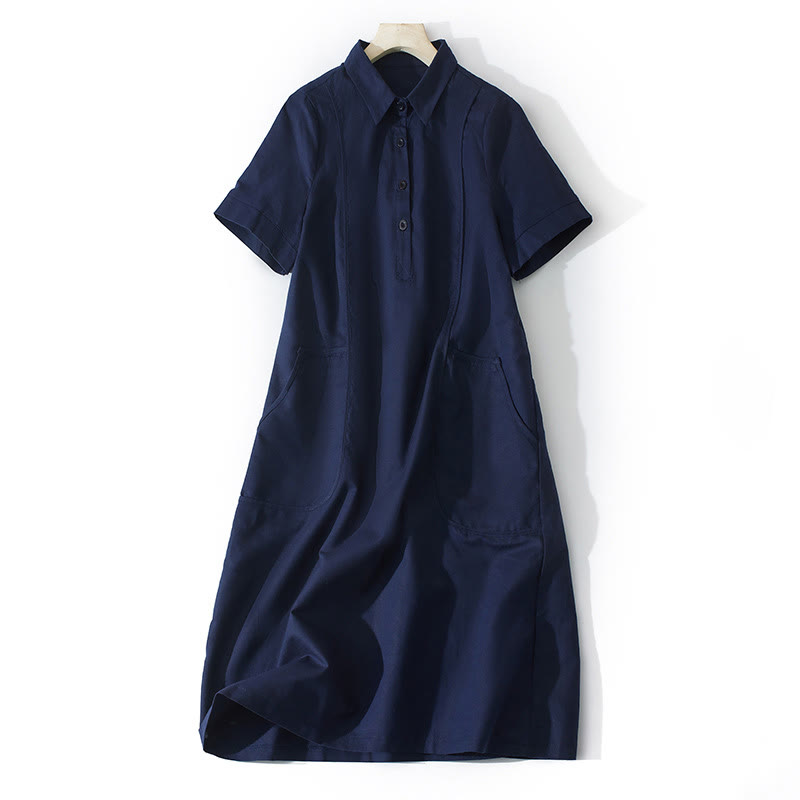 Vestido midi de algodón de manga corta con diseño de botones, color liso, estilo retro de verano, con bolsillos y estampado de Buddha Stones - Azul medianoche - US8-10，UK/AU12-14，EU40-42 (2XL) - image 16