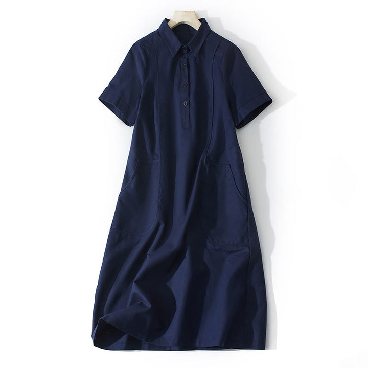 Vestido midi de algodón de manga corta con diseño de botones, color liso, estilo retro de verano, con bolsillos y estampado de Buddha Stones - Azul medianoche - US8-10，UK/AU12-14，EU40-42 (2XL) - image 16