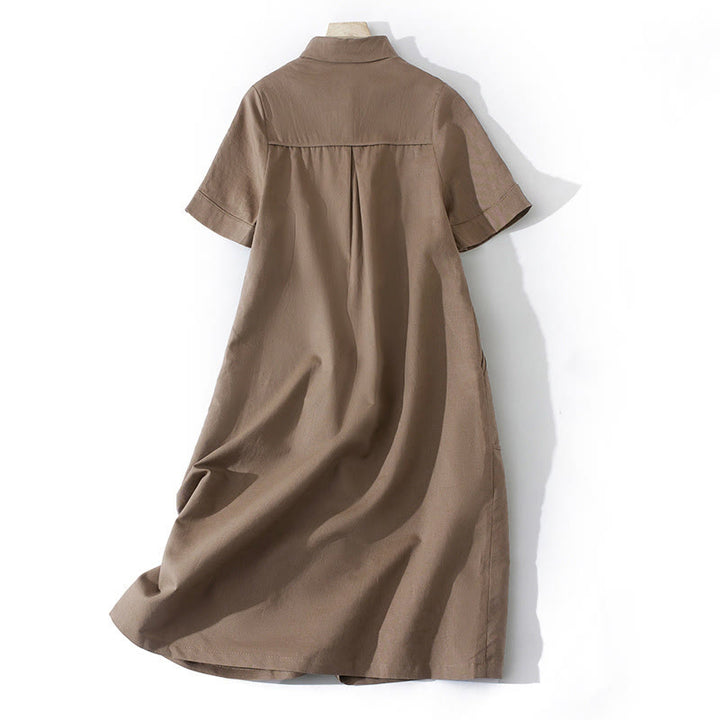 Vestido midi de algodón de manga corta con diseño de botones, color liso, estilo retro de verano, con bolsillos y estampado de Buddha Stones - image 10