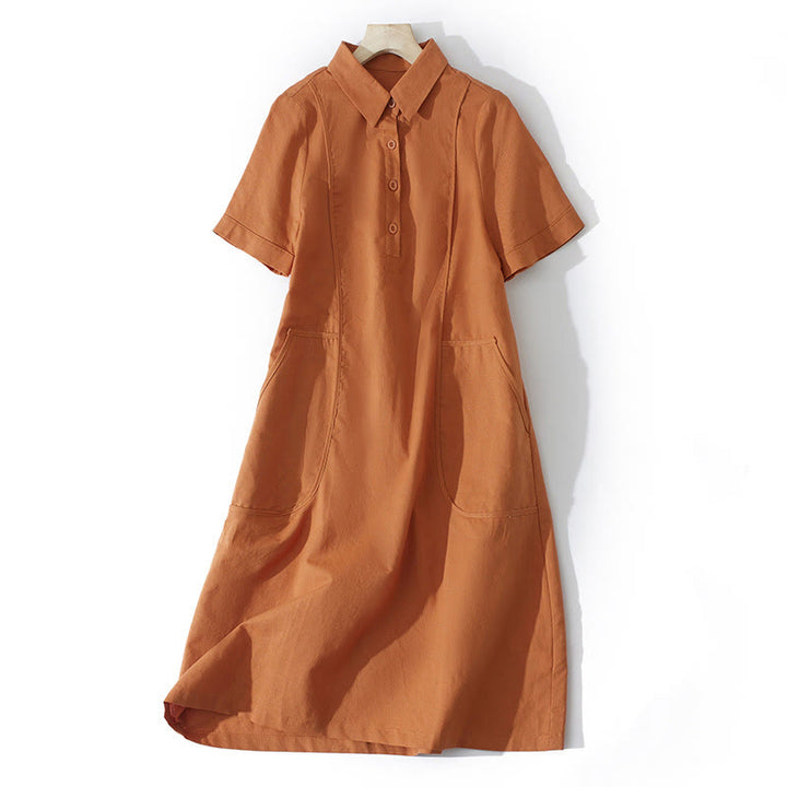 Vestido midi de algodón de manga corta con diseño de botones, color liso, estilo retro de verano, con bolsillos y estampado de Buddha Stones - Naranja oscuro - US8-10，UK/AU12-14，EU40-42 (2XL) - image 0