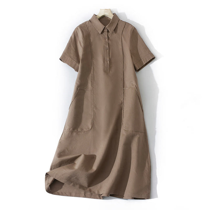 Vestido midi de algodón de manga corta con diseño de botones, color liso, estilo retro de verano, con bolsillos y estampado de Buddha Stones - Broncearse - US8-10，UK/AU12-14，EU40-42 (2XL) - image 9