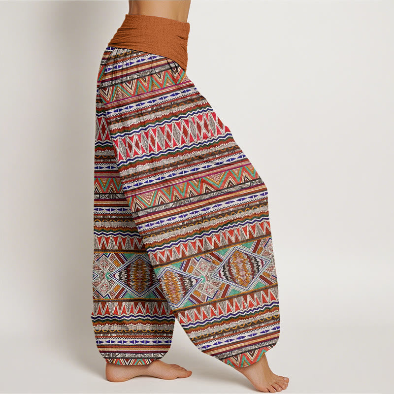 Pantalones bombachos de mujer con cintura elástica, estilo tribal informal, estampado geométrico y Buddha Stones. - image 1