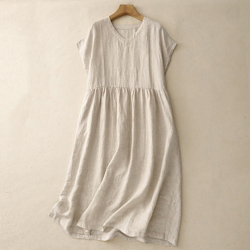 Vestido midi informal de Buddha Stones y algodón con bolsillos, diseño sencillo, color liso, artístico y con cintura alta y manga corta. - Lino - US8-10，UK/AU12-14，EU40-42 (2XL) - image 1