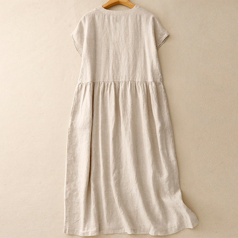 Vestido midi informal de Buddha Stones y algodón con bolsillos, diseño sencillo, color liso, artístico y con cintura alta y manga corta. - image 1