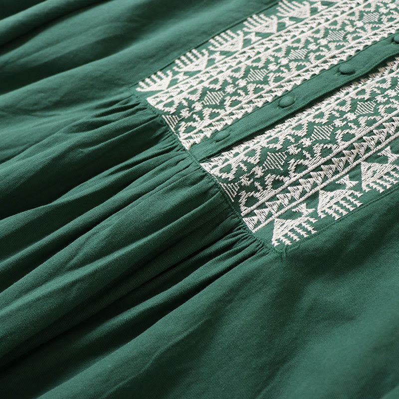 Vestido midi informal de lino y algodón con bordado geométrico artístico y botones al frente, mangas largas tipo farol, con Buddha Stones - image 4