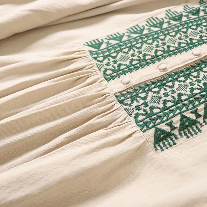 Vestido midi informal de lino y algodón con bordado geométrico artístico y botones al frente, mangas largas tipo farol, con Buddha Stones - image 16