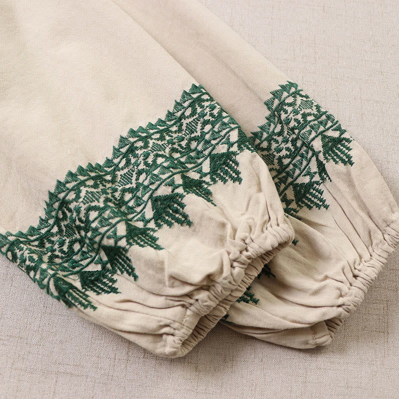 Vestido midi informal de lino y algodón con bordado geométrico artístico y botones al frente, mangas largas tipo farol, con Buddha Stones - image 17