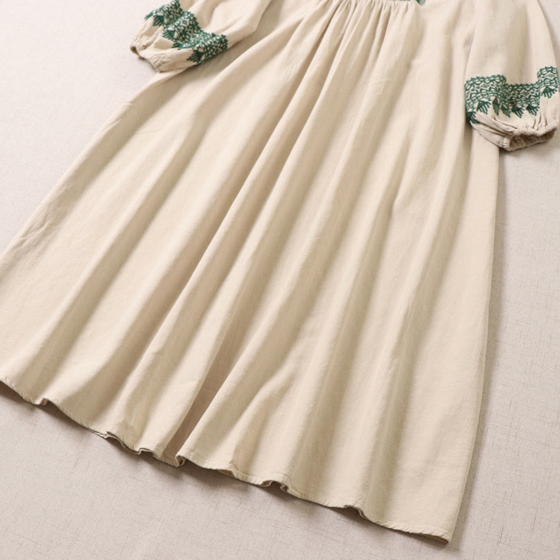 Vestido midi informal de lino y algodón con bordado geométrico artístico y botones al frente, mangas largas tipo farol, con Buddha Stones - image 13