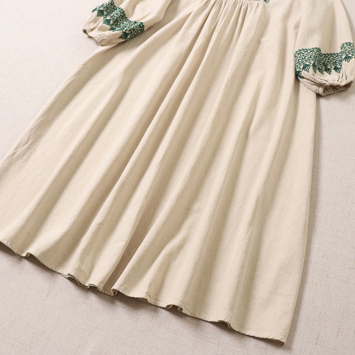 Vestido midi informal de lino y algodón con bordado geométrico artístico y botones al frente, mangas largas tipo farol, con Buddha Stones - image 13