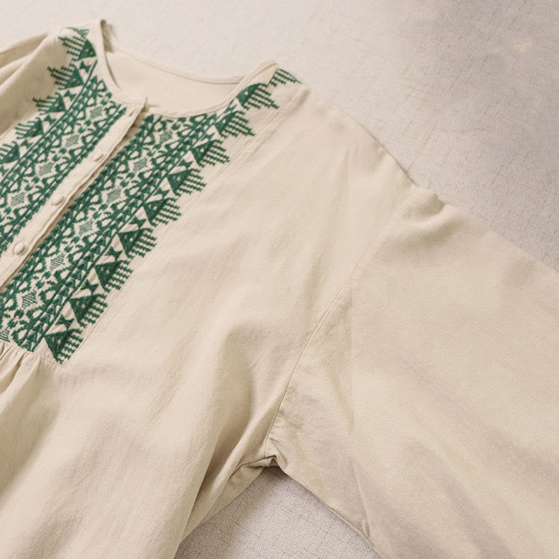 Vestido midi informal de lino y algodón con bordado geométrico artístico y botones al frente, mangas largas tipo farol, con Buddha Stones - image 11