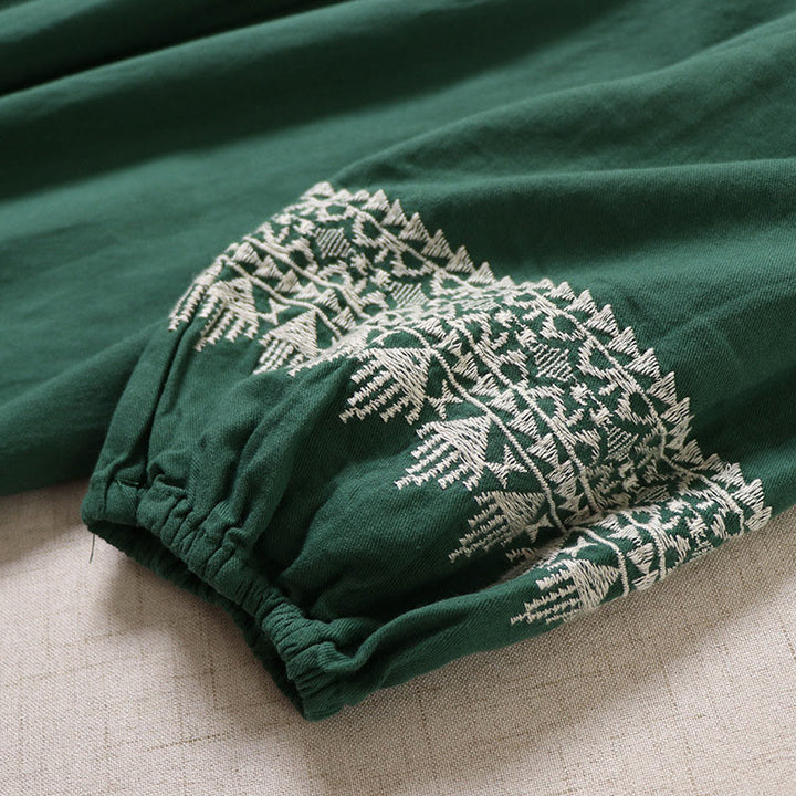 Vestido midi informal de lino y algodón con bordado geométrico artístico y botones al frente, mangas largas tipo farol, con Buddha Stones - image 5