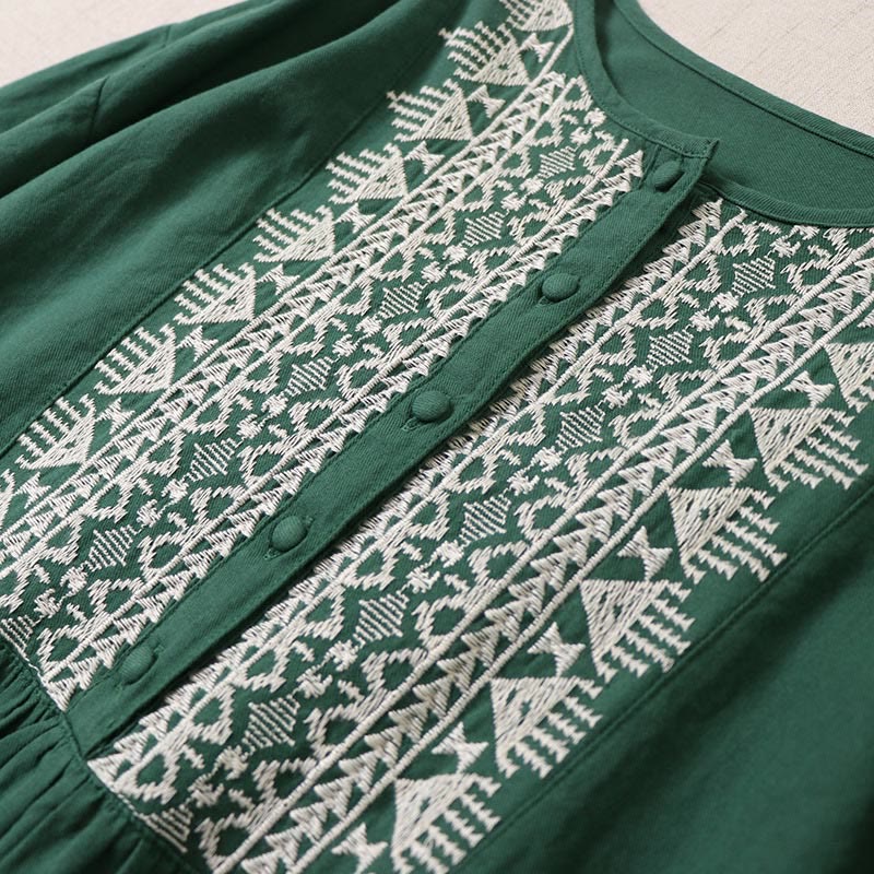 Vestido midi informal de lino y algodón con bordado geométrico artístico y botones al frente, mangas largas tipo farol, con Buddha Stones - image 2