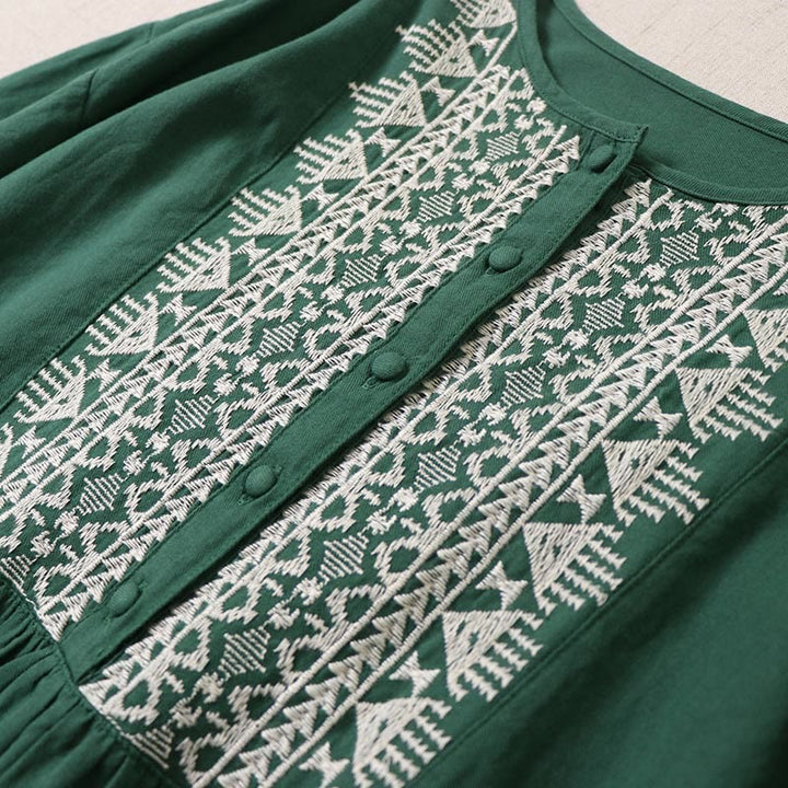 Vestido midi informal de lino y algodón con bordado geométrico artístico y botones al frente, mangas largas tipo farol, con Buddha Stones - image 2