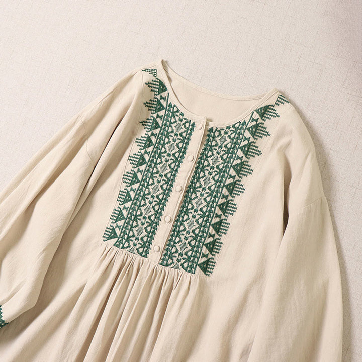 Vestido midi informal de lino y algodón con bordado geométrico artístico y botones al frente, mangas largas tipo farol, con Buddha Stones - image 9
