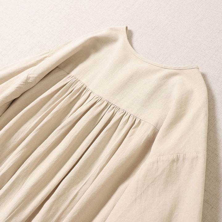 Vestido midi informal de lino y algodón con bordado geométrico artístico y botones al frente, mangas largas tipo farol, con Buddha Stones - image 12