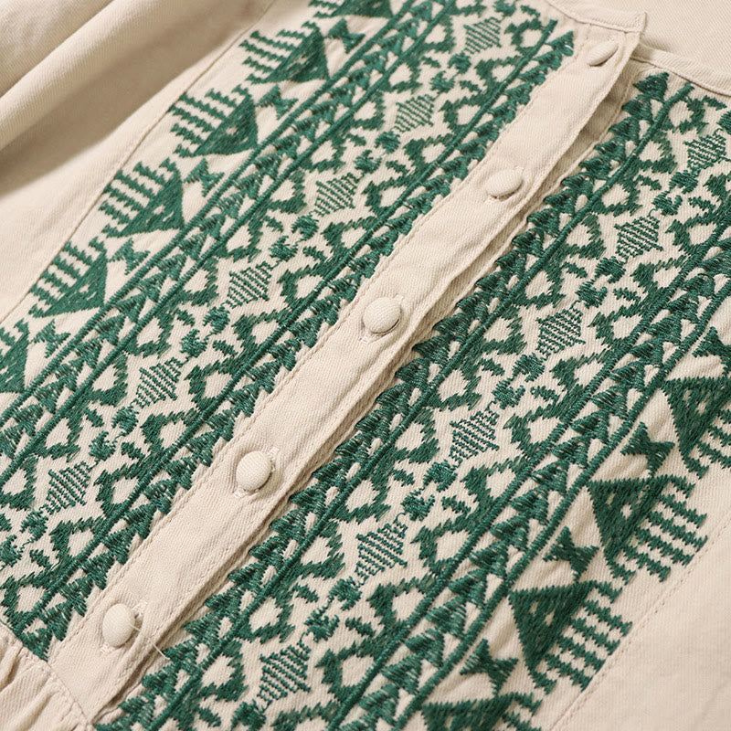 Vestido midi informal de lino y algodón con bordado geométrico artístico y botones al frente, mangas largas tipo farol, con Buddha Stones - image 15