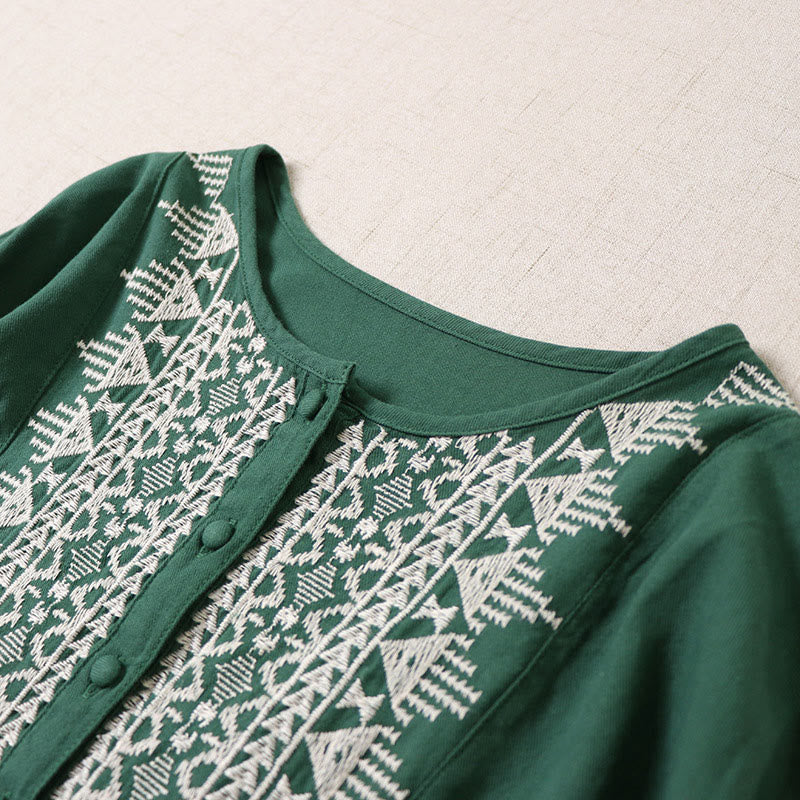 Vestido midi informal de lino y algodón con bordado geométrico artístico y botones al frente, mangas largas tipo farol, con Buddha Stones - image 3