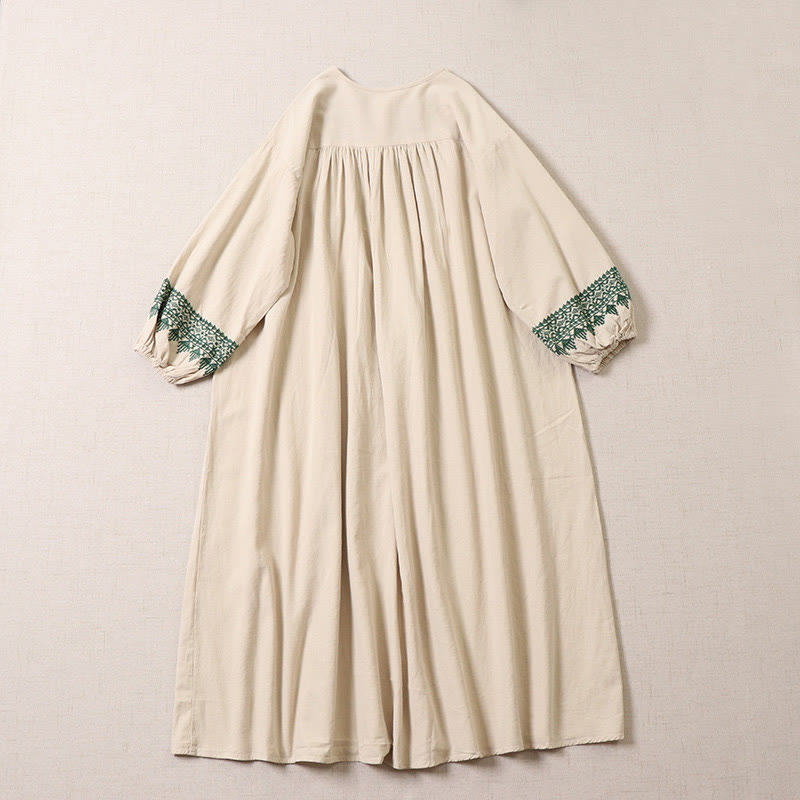 Vestido midi largo con mangas farol, bordado geométrico artístico informal con Buddha Stones y botones en la parte delantera. - image 8