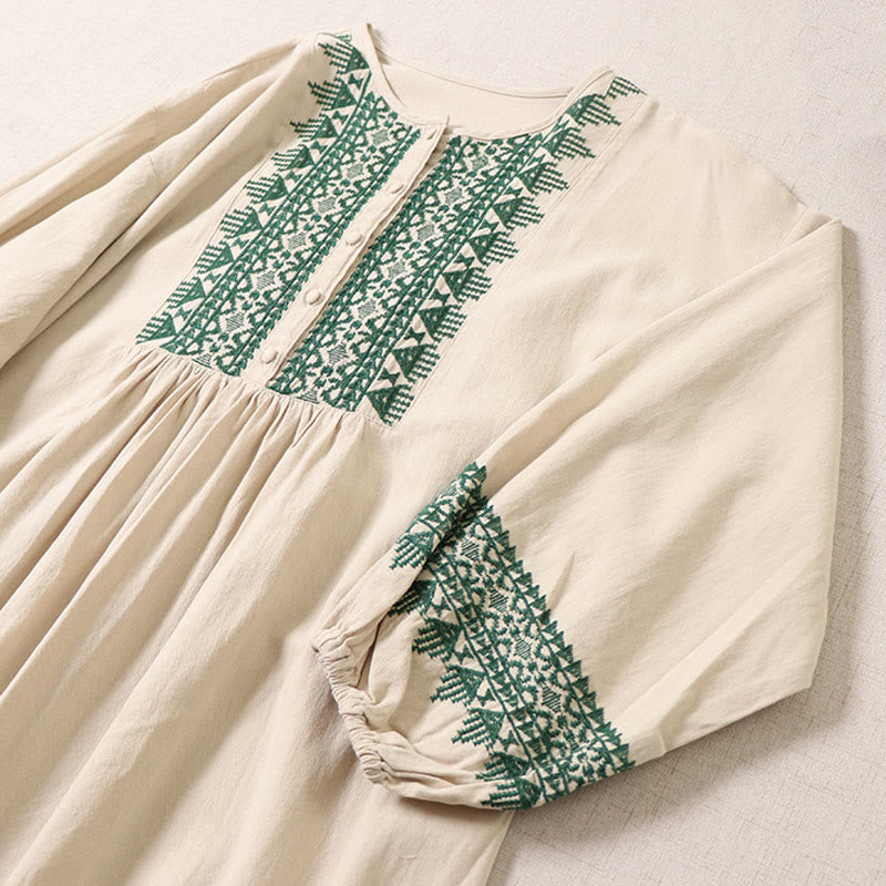 Vestido midi informal de lino y algodón con bordado geométrico artístico y botones al frente, mangas largas tipo farol, con Buddha Stones - image 10