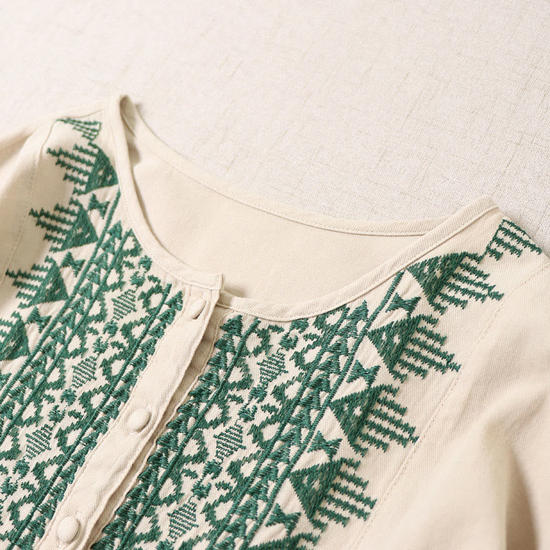 Vestido midi informal de lino y algodón con bordado geométrico artístico y botones al frente, mangas largas tipo farol, con Buddha Stones - image 14