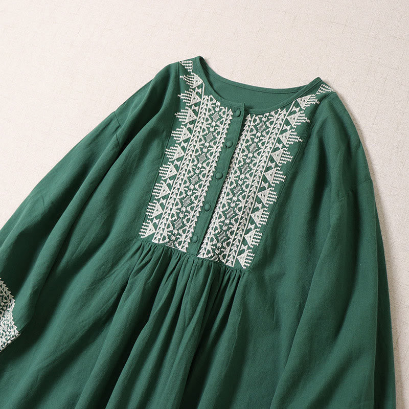 Vestido midi informal de lino y algodón con bordado geométrico artístico y botones al frente, mangas largas tipo farol, con Buddha Stones - image 1