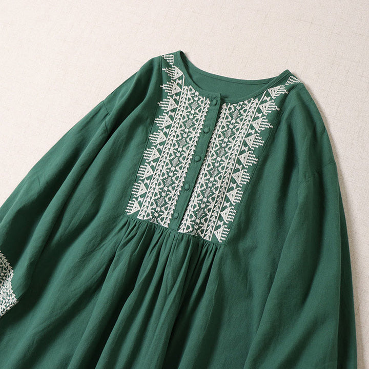 Vestido midi informal de lino y algodón con bordado geométrico artístico y botones al frente, mangas largas tipo farol, con Buddha Stones - image 1