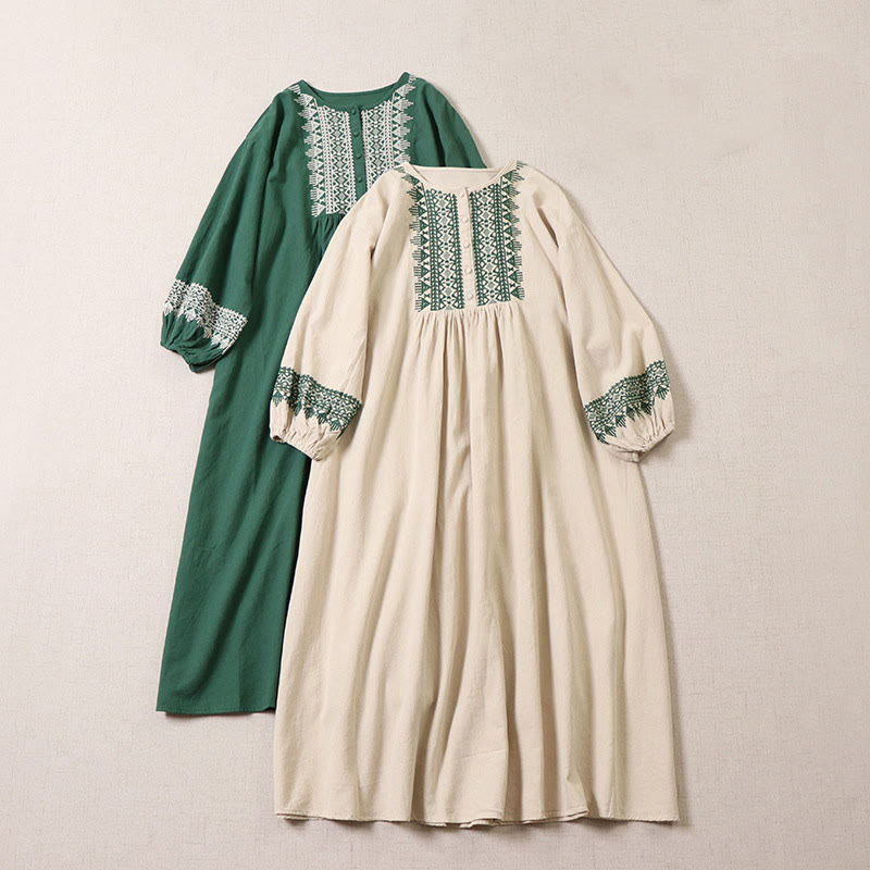 Vestido midi informal de lino y algodón con bordado geométrico artístico y botones al frente, mangas largas tipo farol, con Buddha Stones - image 19