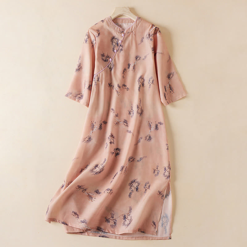 Vestido cheongsam midi de algodón con media manga y bolsillos, estampado floral vintage de verano con Buddha Stones inclinados y cuello alto. - Salmón oscuro - US12, UK/AU16, EU44 (3XL) - image 0