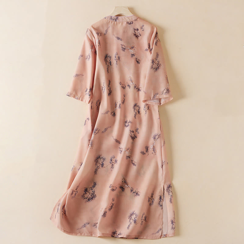 Vestido cheongsam midi de algodón con media manga y bolsillos, estampado floral vintage de verano con Buddha Stones inclinados y cuello alto. - image 1