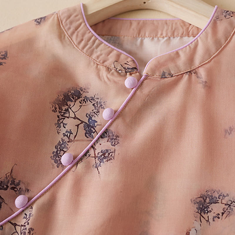 Vestido cheongsam midi de algodón con media manga y bolsillos, estampado floral vintage de verano con Buddha Stones inclinados y cuello alto. - image 2