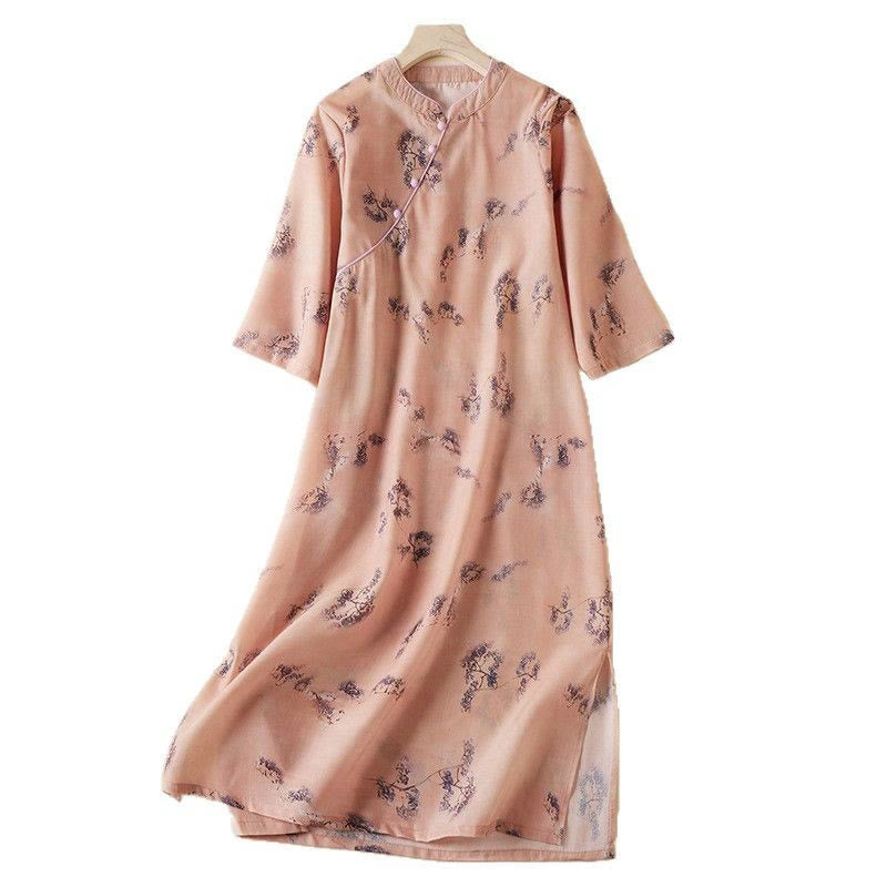 Vestido cheongsam midi de algodón con media manga y bolsillos, estampado floral vintage de verano con Buddha Stones inclinados y cuello alto. - image 7