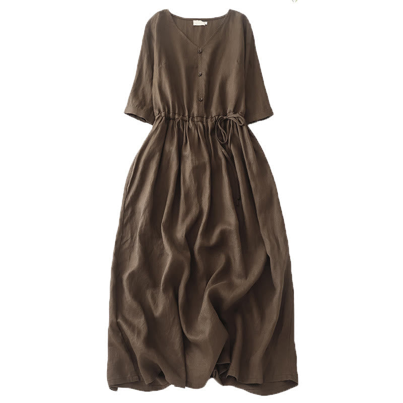 Vestido midi de Buddha Stones y algodón con media manga, estilo vintage, informal, de color liso, plisado y con cordón ajustable, con bolsillos. - Marrón silla de montar - US8-10，UK/AU12-14，EU40-42 (2XL) - image 0