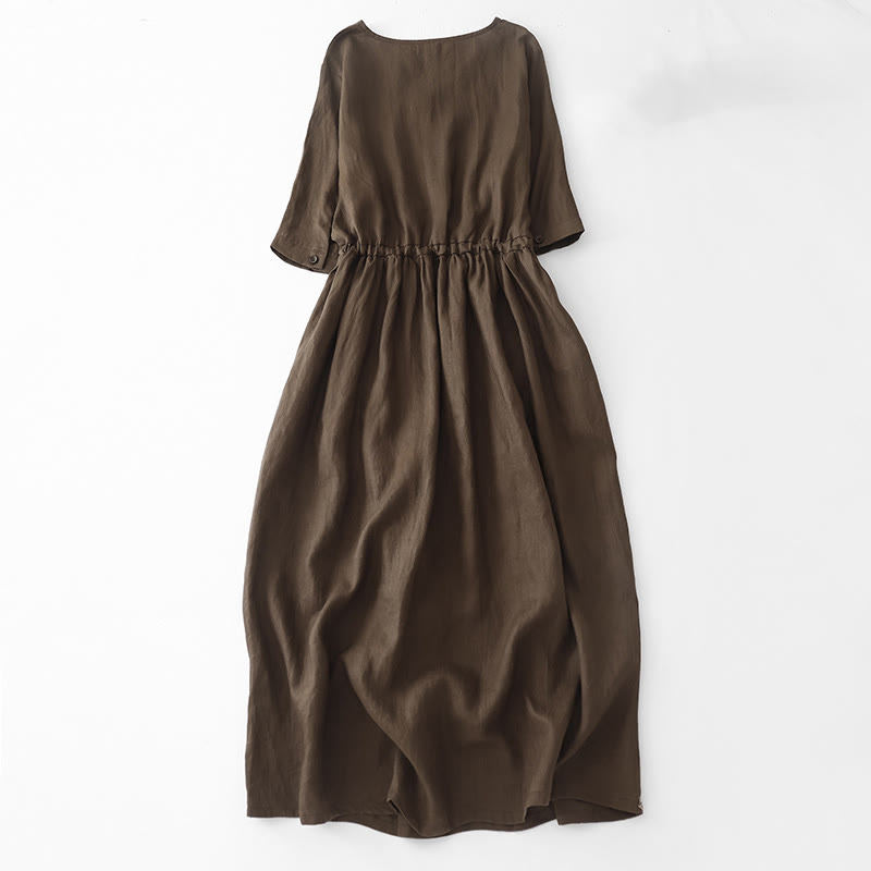 Vestido midi de Buddha Stones y algodón con media manga, estilo vintage, informal, de color liso, plisado y con cordón ajustable, con bolsillos. - image 1