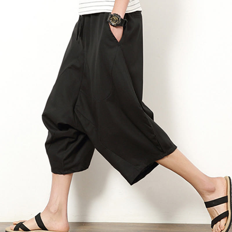 Pantalones de lino y algodón con cordón ajustable para hombre, de longitud 7-8, con pernera ancha y bolsillos, diseño simple de patchwork y Buddha Stones , primavera - image 20