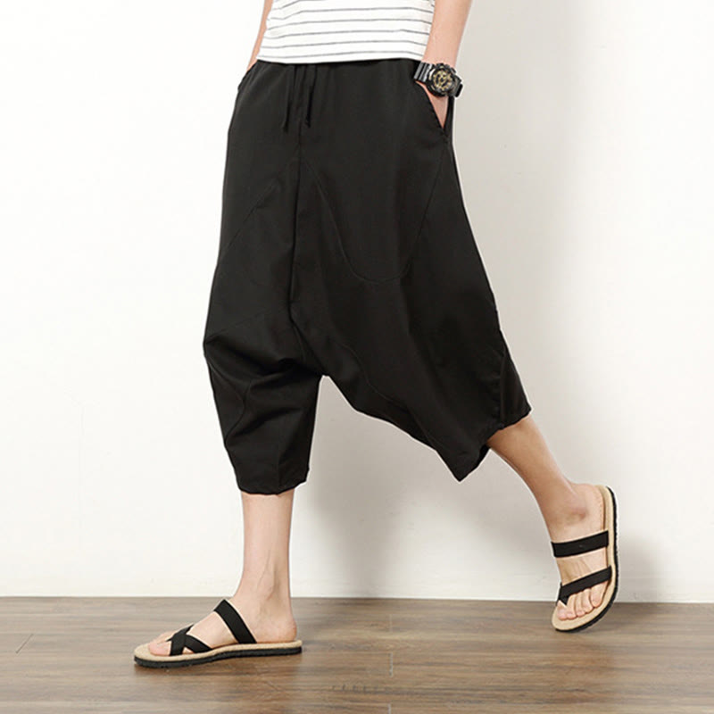 Pantalones de lino y algodón con cordón ajustable para hombre, de longitud 7-8, con pernera ancha y bolsillos, diseño simple de patchwork y Buddha Stones , primavera - image 18