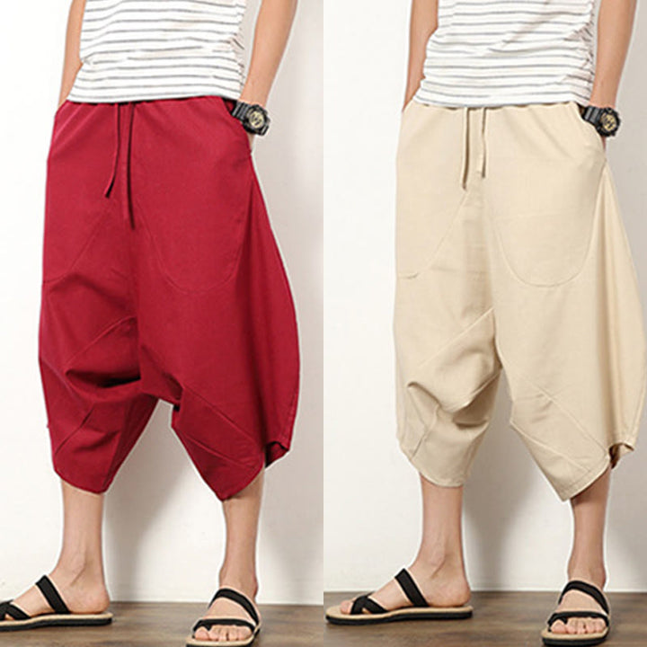 Pantalones de lino y algodón con cordón ajustable para hombre, de longitud 7-8, con pernera ancha y bolsillos, diseño simple de patchwork y Buddha Stones , primavera - image 26