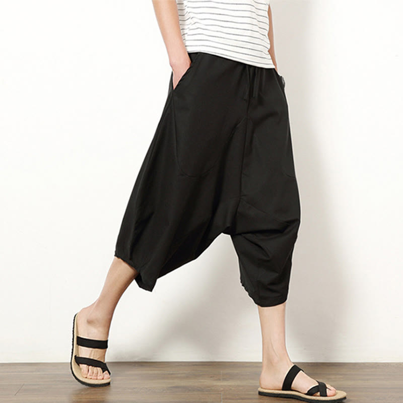 Pantalones de lino y algodón con cordón ajustable para hombre, de longitud 7-8, con pernera ancha y bolsillos, diseño simple de patchwork y Buddha Stones , primavera - image 19