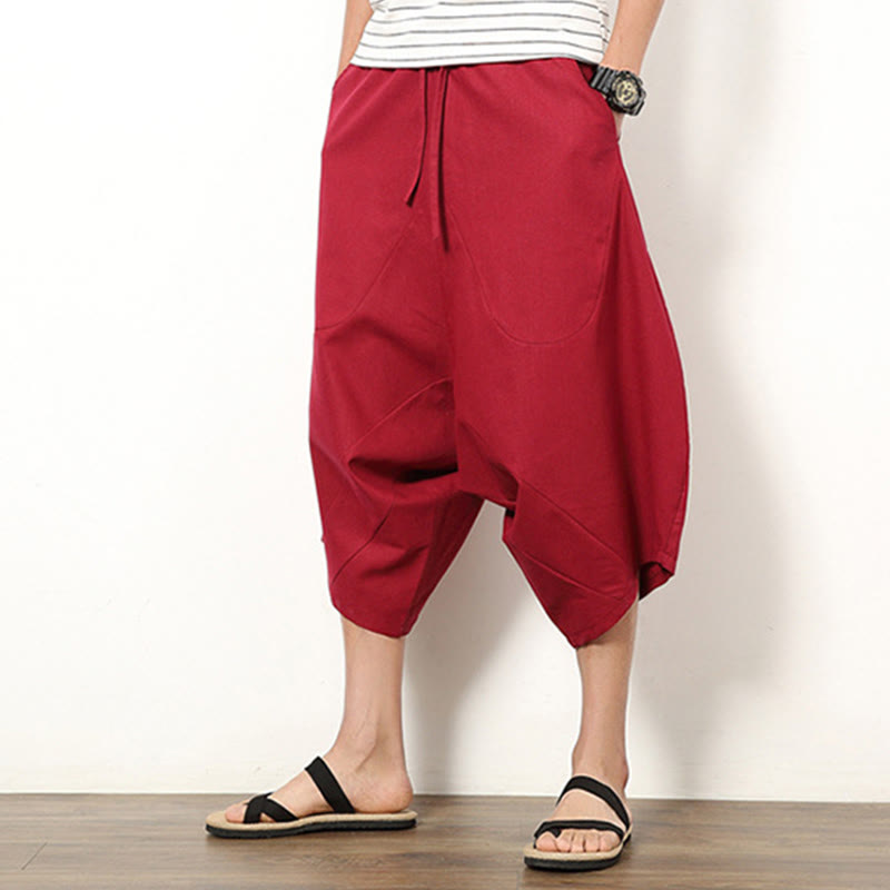 Pantalones de lino y algodón con cordón ajustable para hombre, de longitud 7-8, con pernera ancha y bolsillos, diseño simple de patchwork y Buddha Stones , primavera - image 13