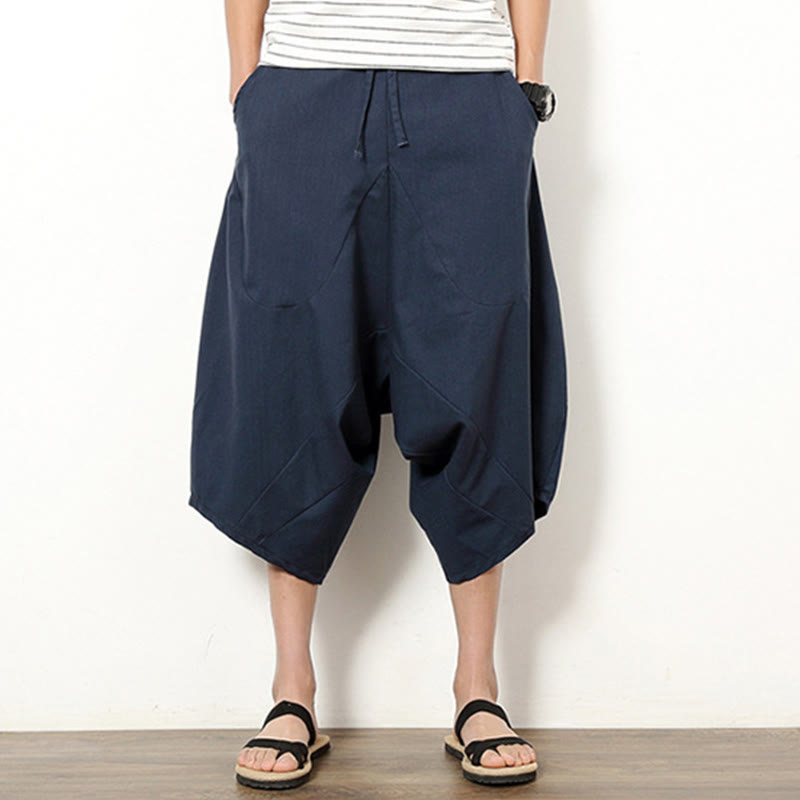 Pantalones de lino y algodón con cordón ajustable para hombre, de longitud 7-8, con pernera ancha y bolsillos, diseño simple de patchwork y Buddha Stones , primavera - image 1
