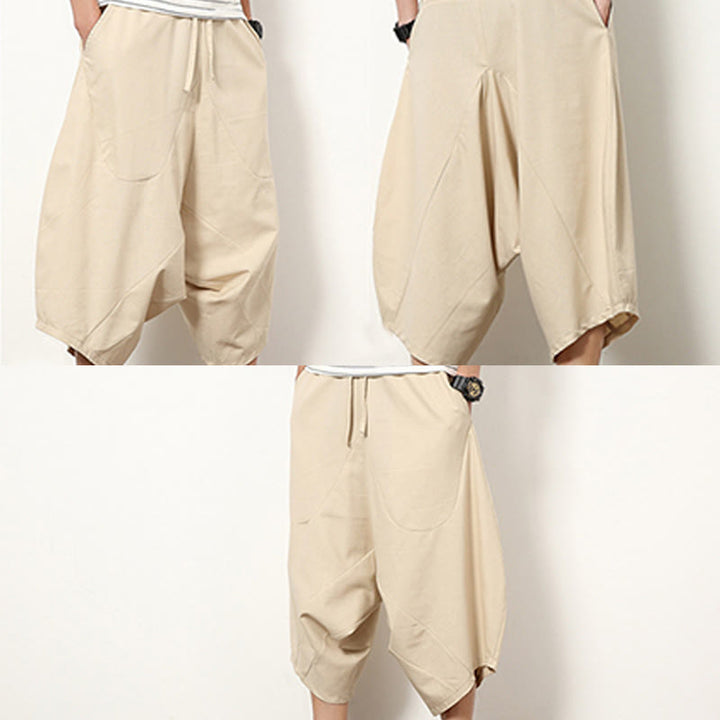 Pantalones de lino y algodón con cordón ajustable para hombre, de longitud 7-8, con pernera ancha y bolsillos, diseño simple de patchwork y Buddha Stones , primavera - image 10