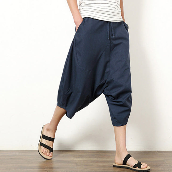 Pantalones de lino y algodón con cordón ajustable para hombre, de longitud 7-8, con pernera ancha y bolsillos, diseño simple de patchwork y Buddha Stones , primavera - image 3