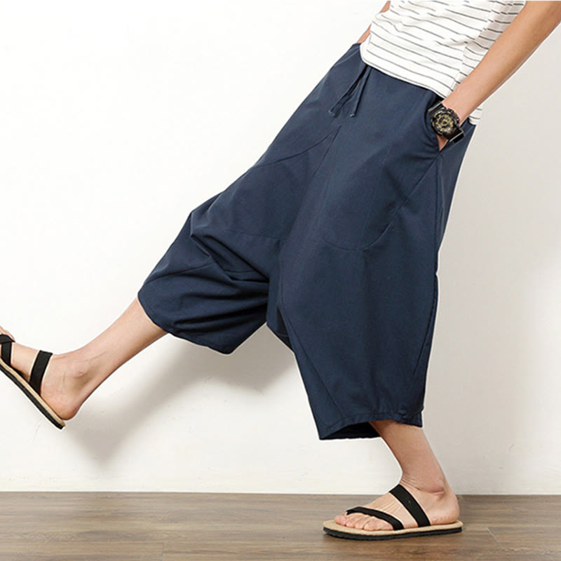 Pantalones de lino y algodón con cordón ajustable para hombre, de longitud 7-8, con pernera ancha y bolsillos, diseño simple de patchwork y Buddha Stones , primavera - image 2