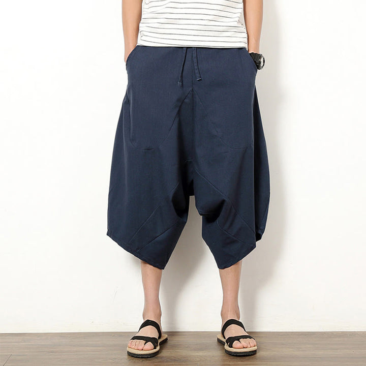 Pantalones de lino y algodón con cordón ajustable para hombre, de longitud 7-8, con pernera ancha y bolsillos, diseño simple de patchwork y Buddha Stones , primavera - Azul pizarra oscuro - US/UK/AU46, EU56 (5XL) - image 0