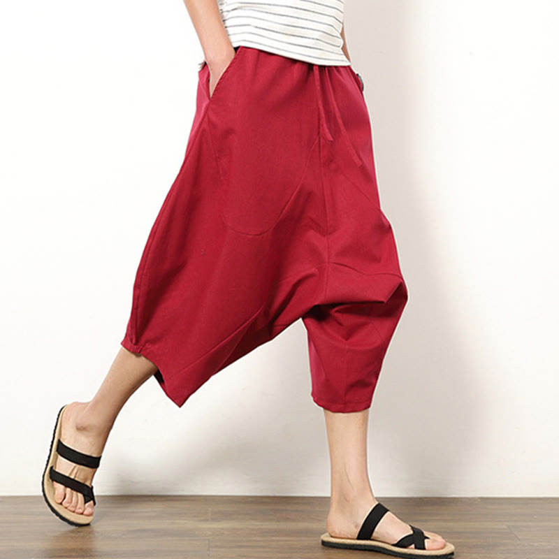 Pantalones de lino y algodón con cordón ajustable para hombre, de longitud 7-8, con pernera ancha y bolsillos, diseño simple de patchwork y Buddha Stones , primavera - image 15