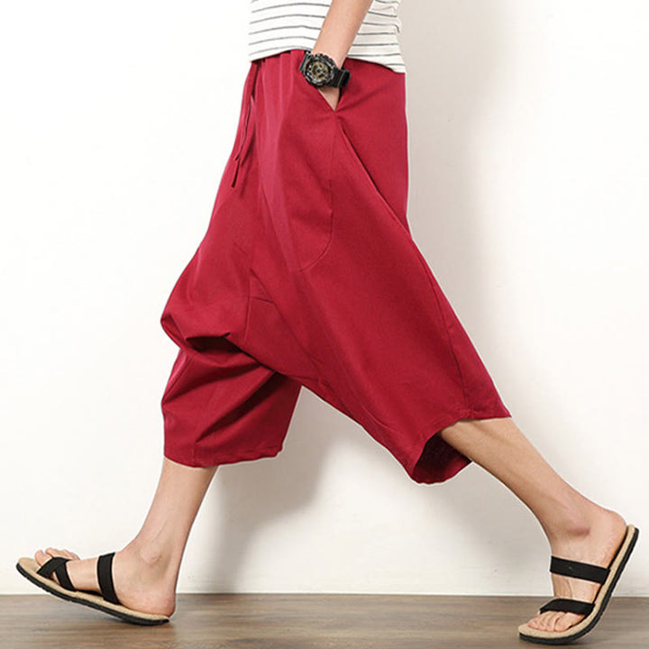 Pantalones de lino y algodón con cordón ajustable para hombre, de longitud 7-8, con pernera ancha y bolsillos, diseño simple de patchwork y Buddha Stones , primavera - image 14