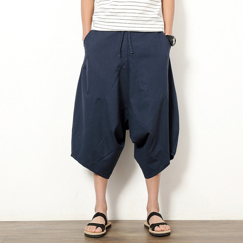 Pantalones de lino y algodón con cordón ajustable para hombre, de longitud 7-8, con pernera ancha y bolsillos, diseño simple de patchwork y Buddha Stones , primavera - Azul pizarra oscuro - US/UK/AU46, EU56 (5XL) - image 0